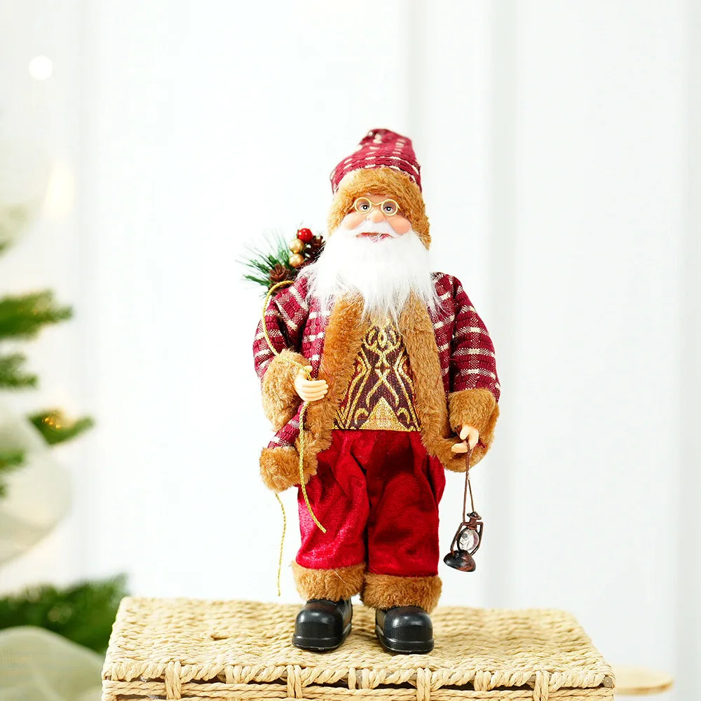 Christmas Santa Figurines, Standing Santa Claus Figure Holding Gift Bag & Lantern, Xmas Santa Doll Desktop Ornaments Gifts