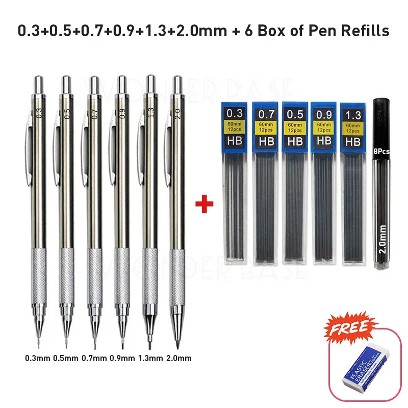 0.3 0.5 0.7 0.9 1.3 2.0 3.0mm Full Metal Mechanical Pencil Sketch Art Drawing Painting Propelling Pencil Office School Supply