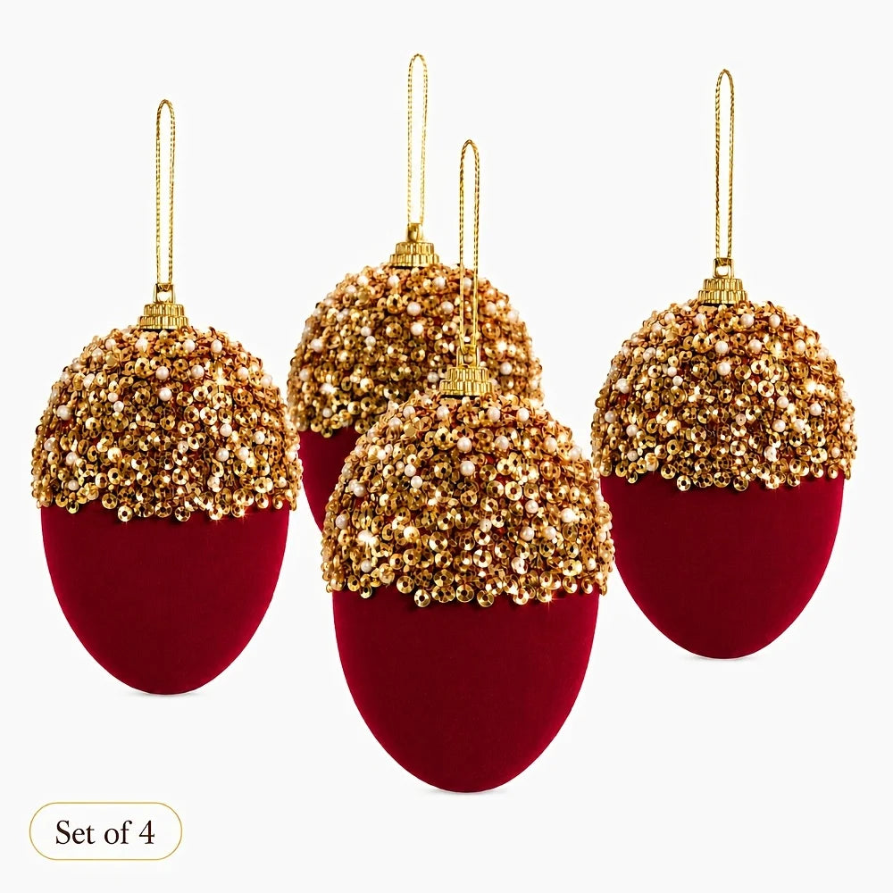Burgundy Flocked Christmas Baubles – 4 Pack