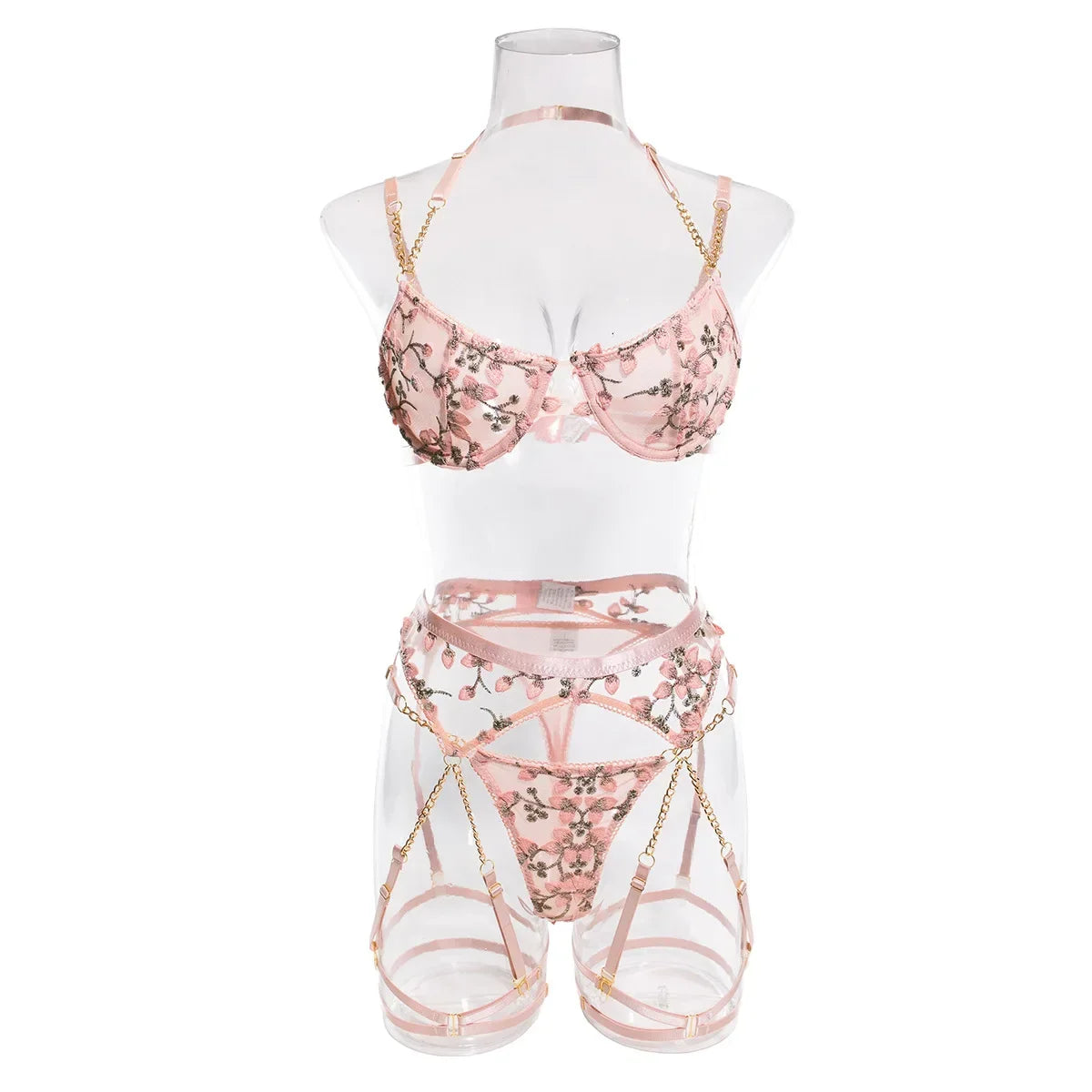 Girl Embroidered Flower Perspective Lingerie Set Women's Sweet Sexy Chain Underwear Female Solid See Though Bra Three Piece Set