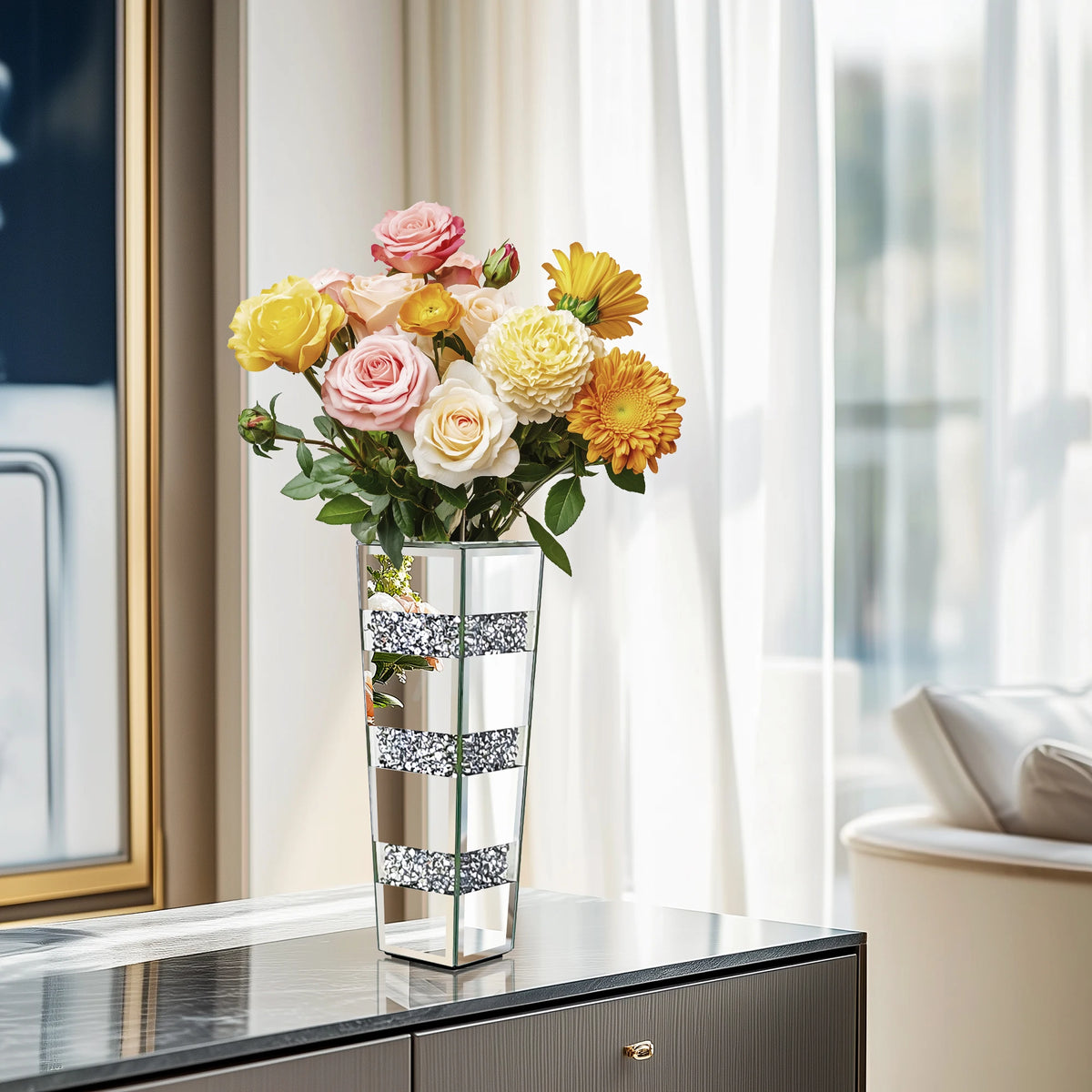 Tall Crushed-Diamond Mirrored Vase