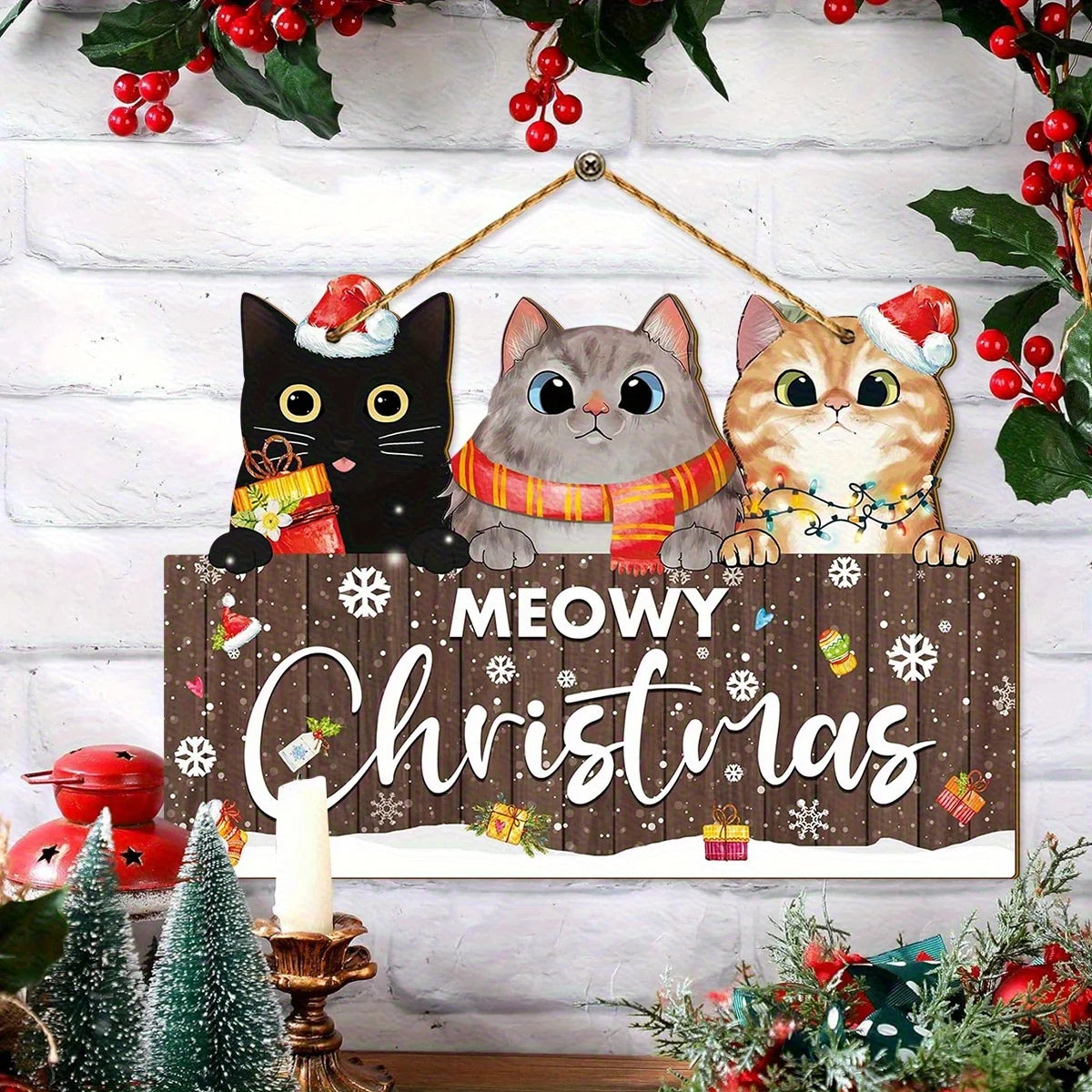 Wooden Christmas Cat Hanging Decoration