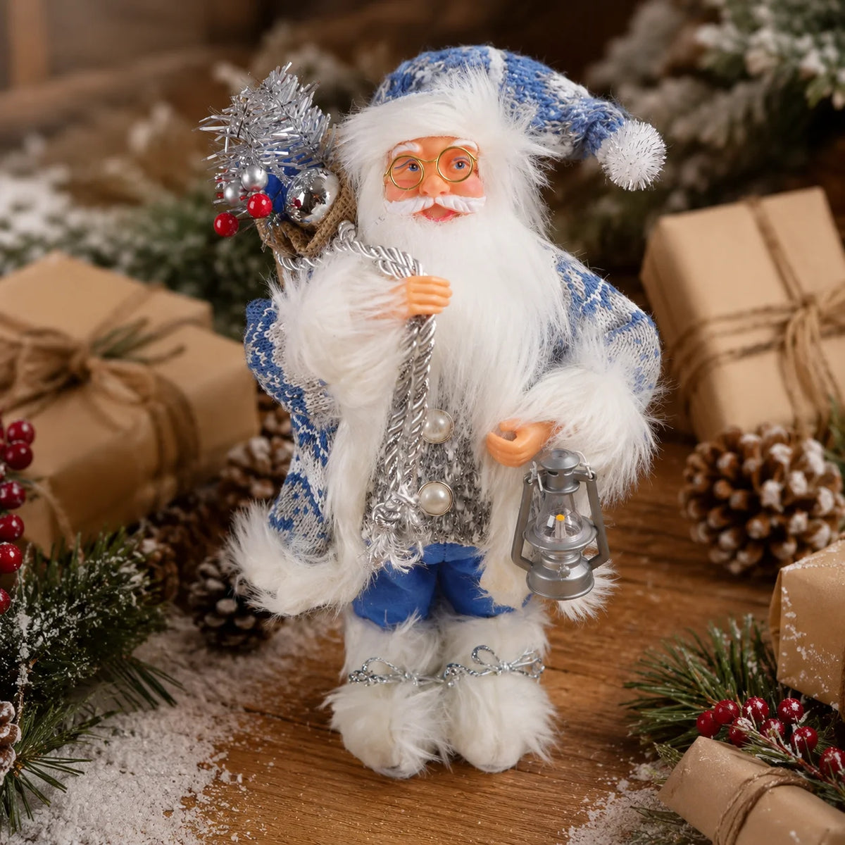 Christmas Santa Claus Figurine 30cm, Nordic Blue Santa Statue with Mini Lantern Gift Bundle and Soft Knit Plush Texture