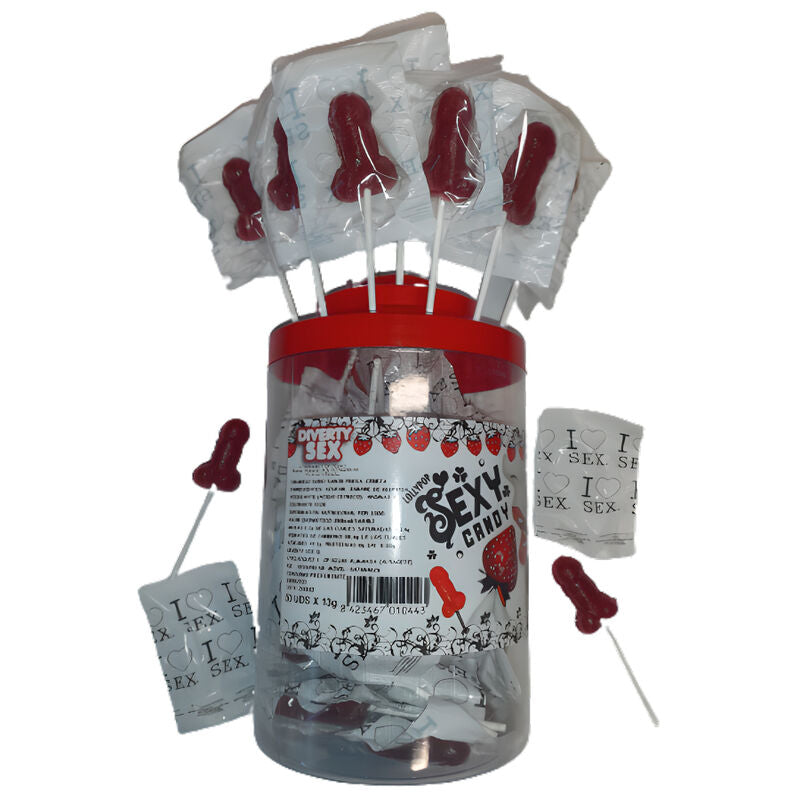 DIABLO PICANTE - 50 STRAWBERRY & CHERRY CANDY PENIS LOLLIPOP 50 UNITS