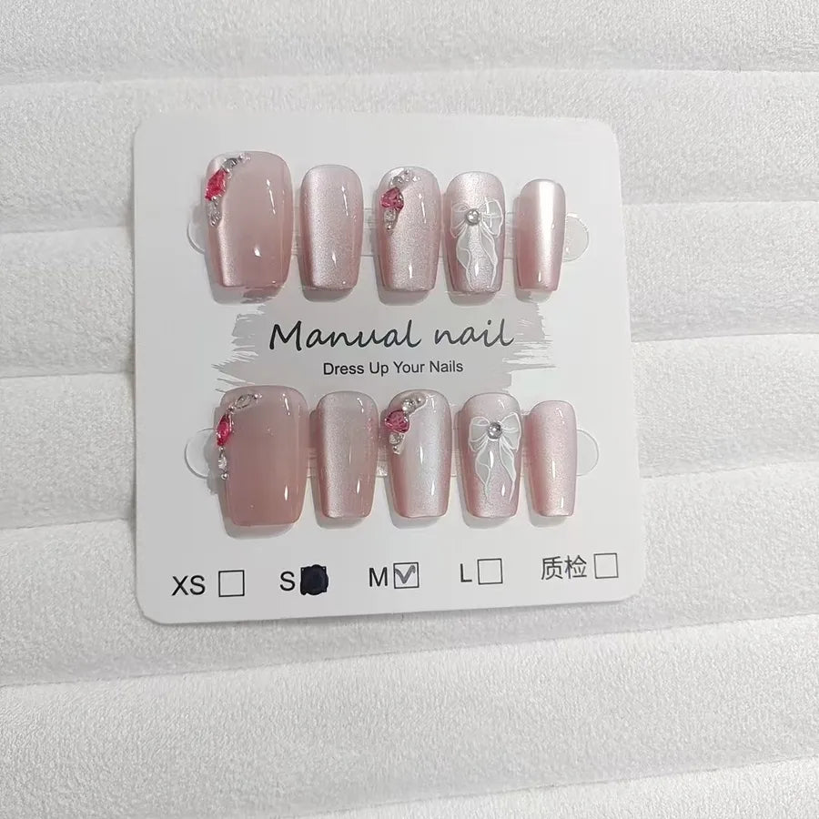 wearable-short-staircase-pink-crystal-stone-false-nails-10-pieces-shiny-chinese-style-cat-eye-starry-sky-pure-desire-sweet-fashion-white-enhancing-nails