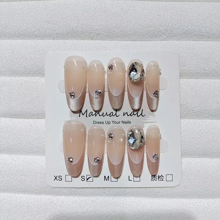 wearable-false-nails-10pcs-s107-halo-flash-diamond-long-round-head-silver-gradient-french-gradient-cat-eye-elegant-sparkling-large-diamond