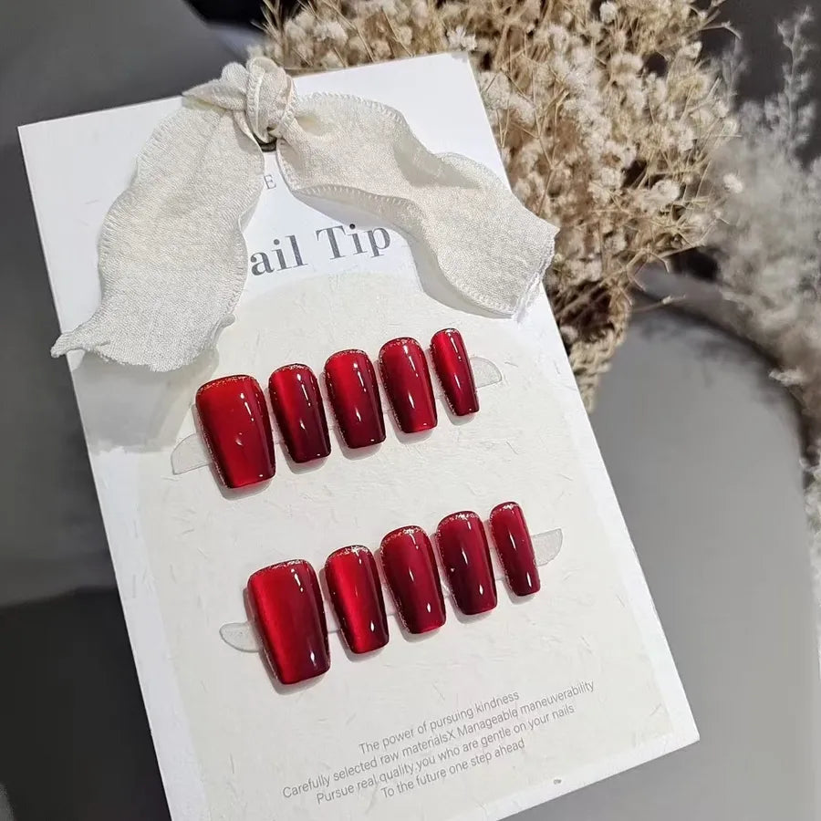 Wearable False Nails Short Staircase Handmade Red Ruby Cat Eye Gold Rimmed New Year White Enhancing Nails Ten Pieces Set