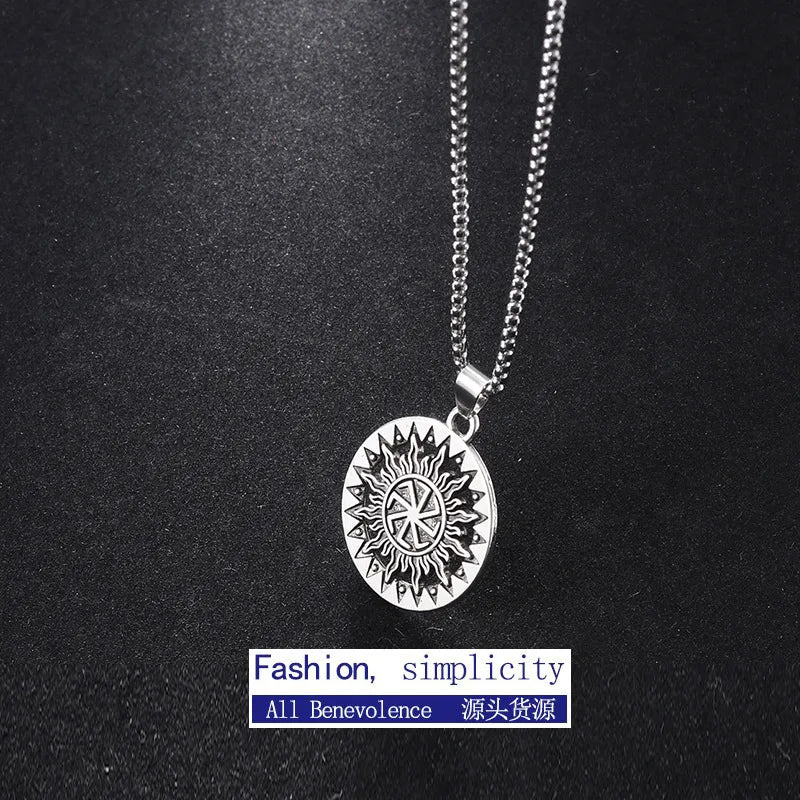 New Titanium Steel Necklace Personalized Sun Pendant Unisex Retro Round Compass Pendant Trendy Jewelry Accessory