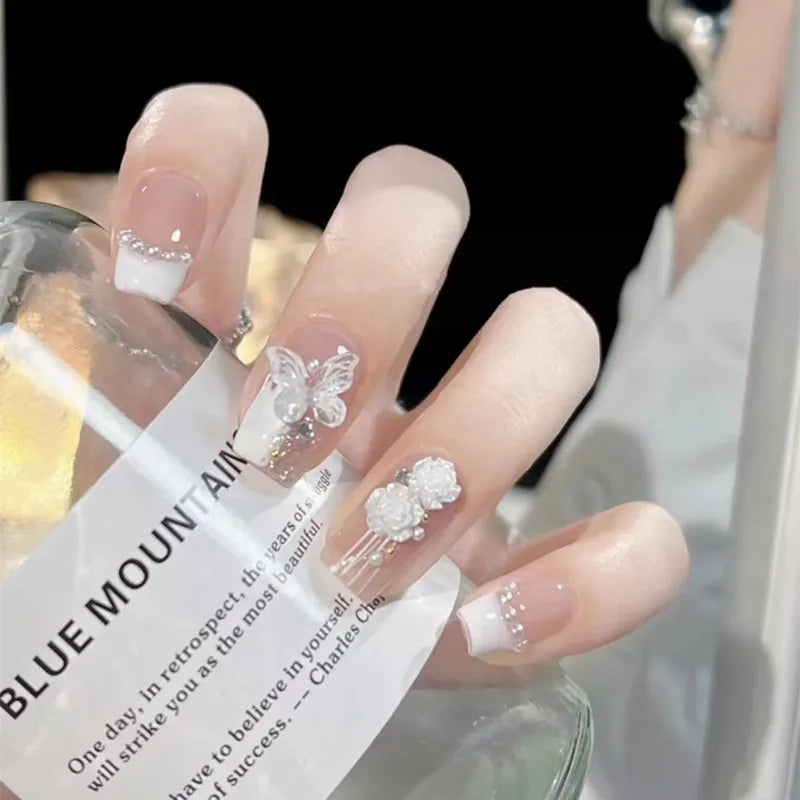 Handmade Ice Tea White Butterfly Long Trapezoidal Nail Art Pearl Decorated Tea Rose Butterfly Beautiful Nail UV Light Therapy