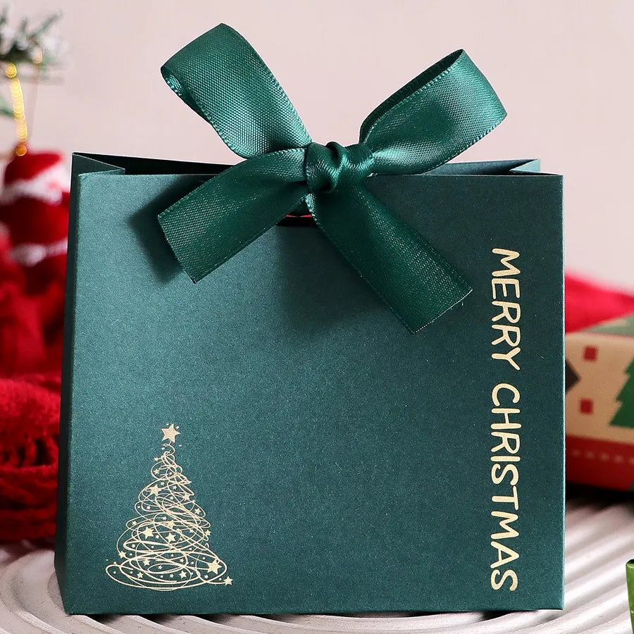 Christmas Themed Candy Box with Gold Foil Christmas Tree Print Festive Gift Packaging with Red and Green Ribbon