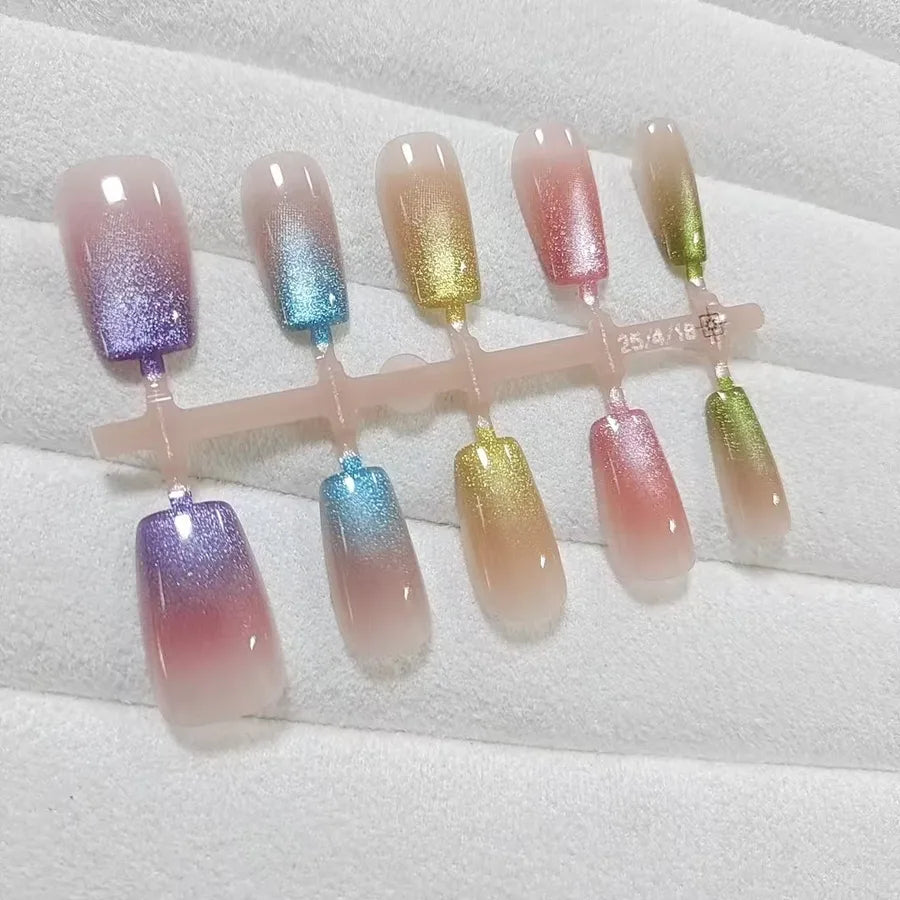 Rainbow Cat Eye Glitter Wearable False Nails Ten Pieces Strip Glowing White Cat Eye Stickers Sweet Explosion Flash Nail Art