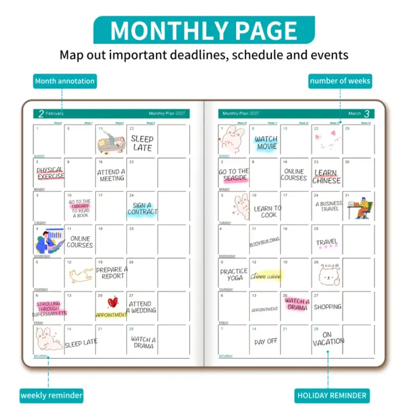 2027 Daily Planner Calendar Diary, 320 Pages Composition Notebooks with 365 Days Self-Discipline Checklist, Weekend Combined