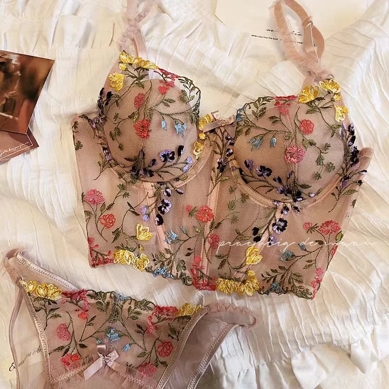 Floral Embroidered Bra and Briefs Set