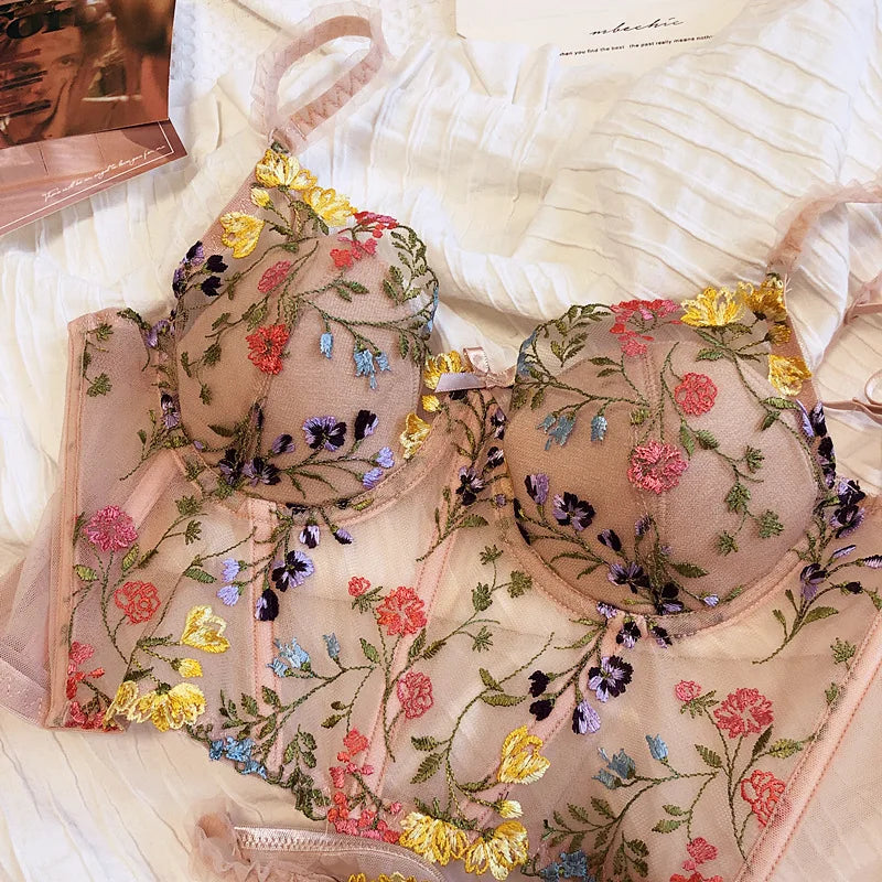 Floral Embroidered Bra and Briefs Set