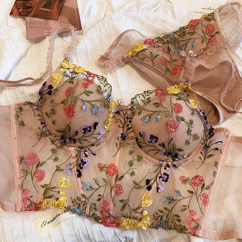 Floral Embroidered Bra and Briefs Set