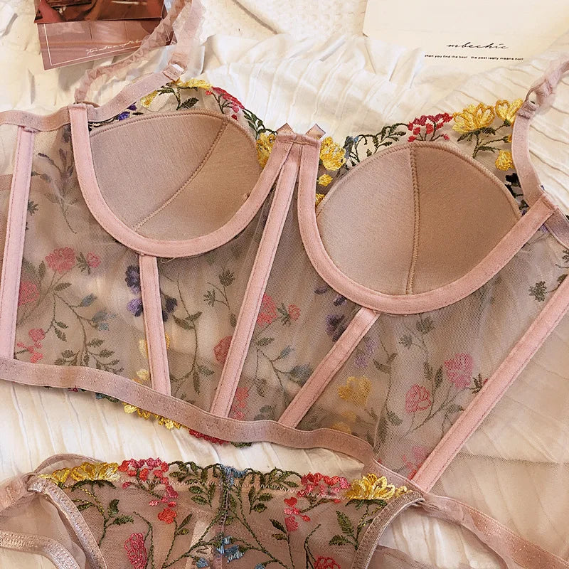 Floral Embroidered Bra and Briefs Set