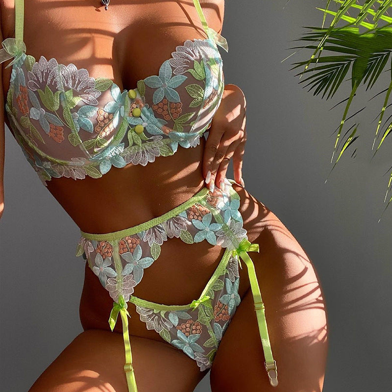Embroidered Lace Three-Piece Lingerie Set