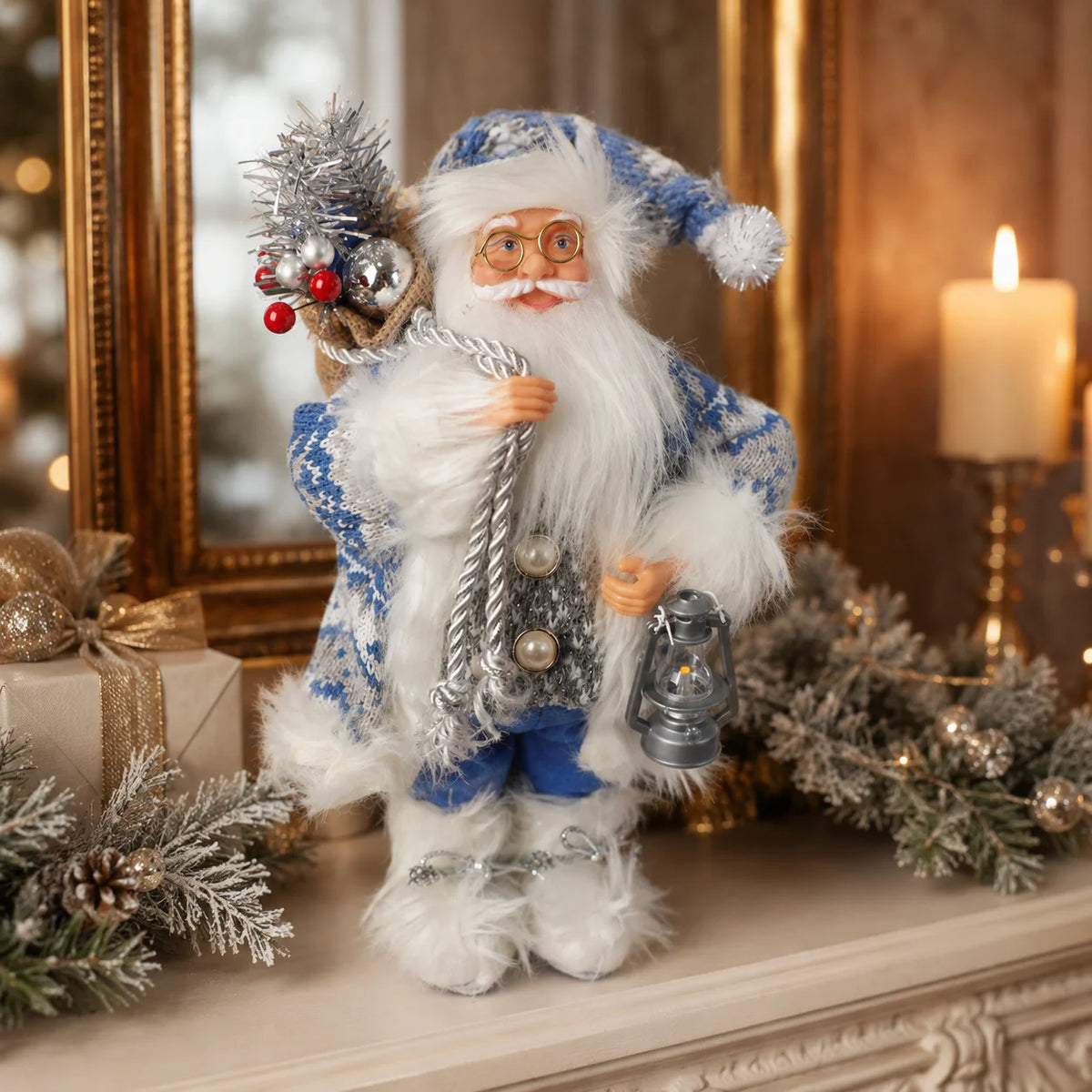 Christmas Santa Claus Figurine 30cm, Nordic Blue Santa Statue with Mini Lantern Gift Bundle and Soft Knit Plush Texture