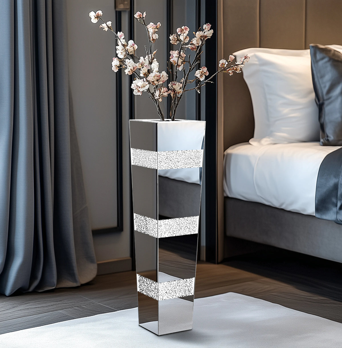 Tall Crushed-Diamond Mirrored Vase