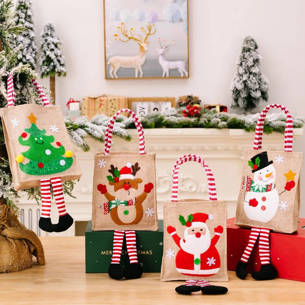 Christmas Gifts Bags Reusable Long Legged Snowman Santa Tote Bag With Handle Xmas Treat Bags for Christmas Party Decorations