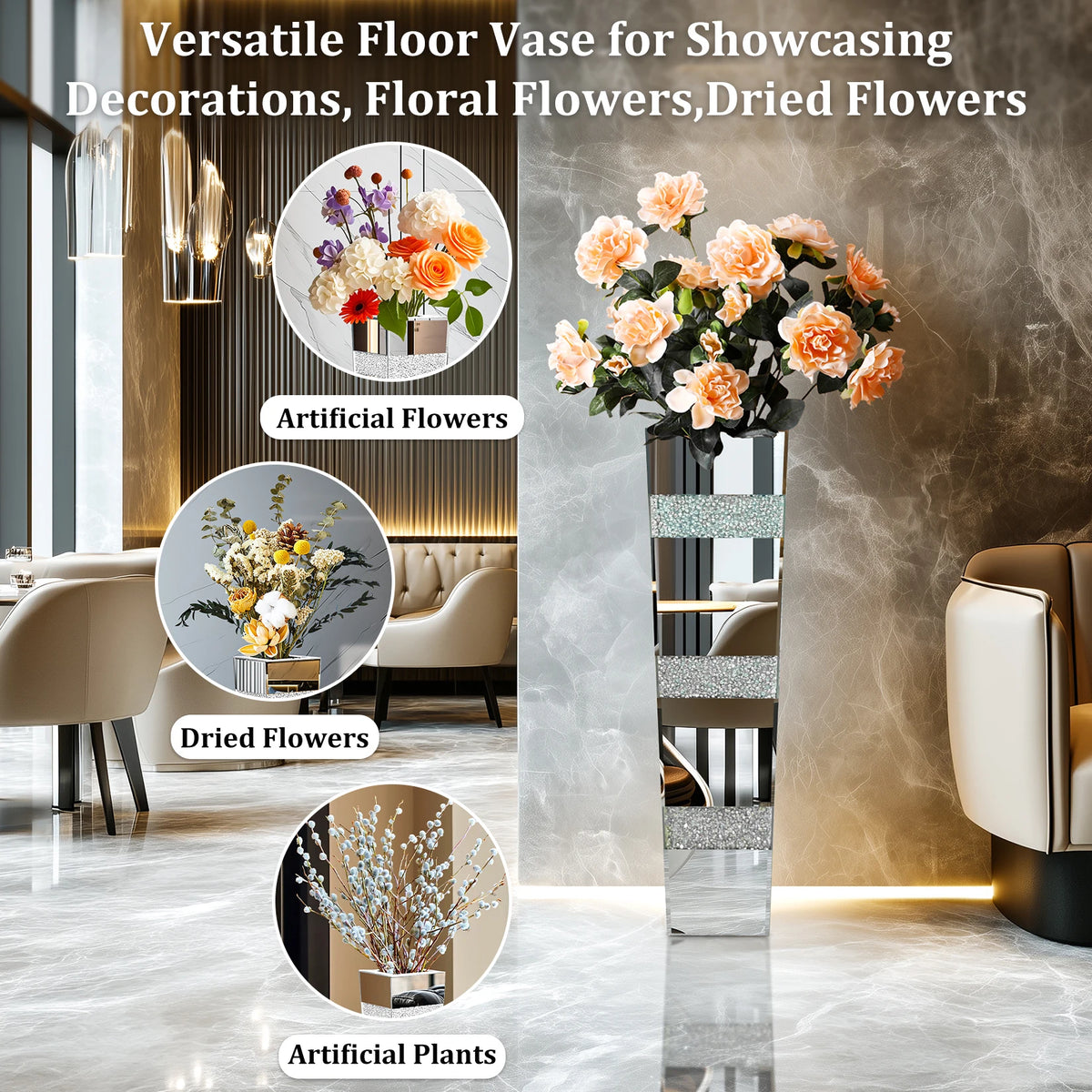 Tall Crushed-Diamond Mirrored Vase