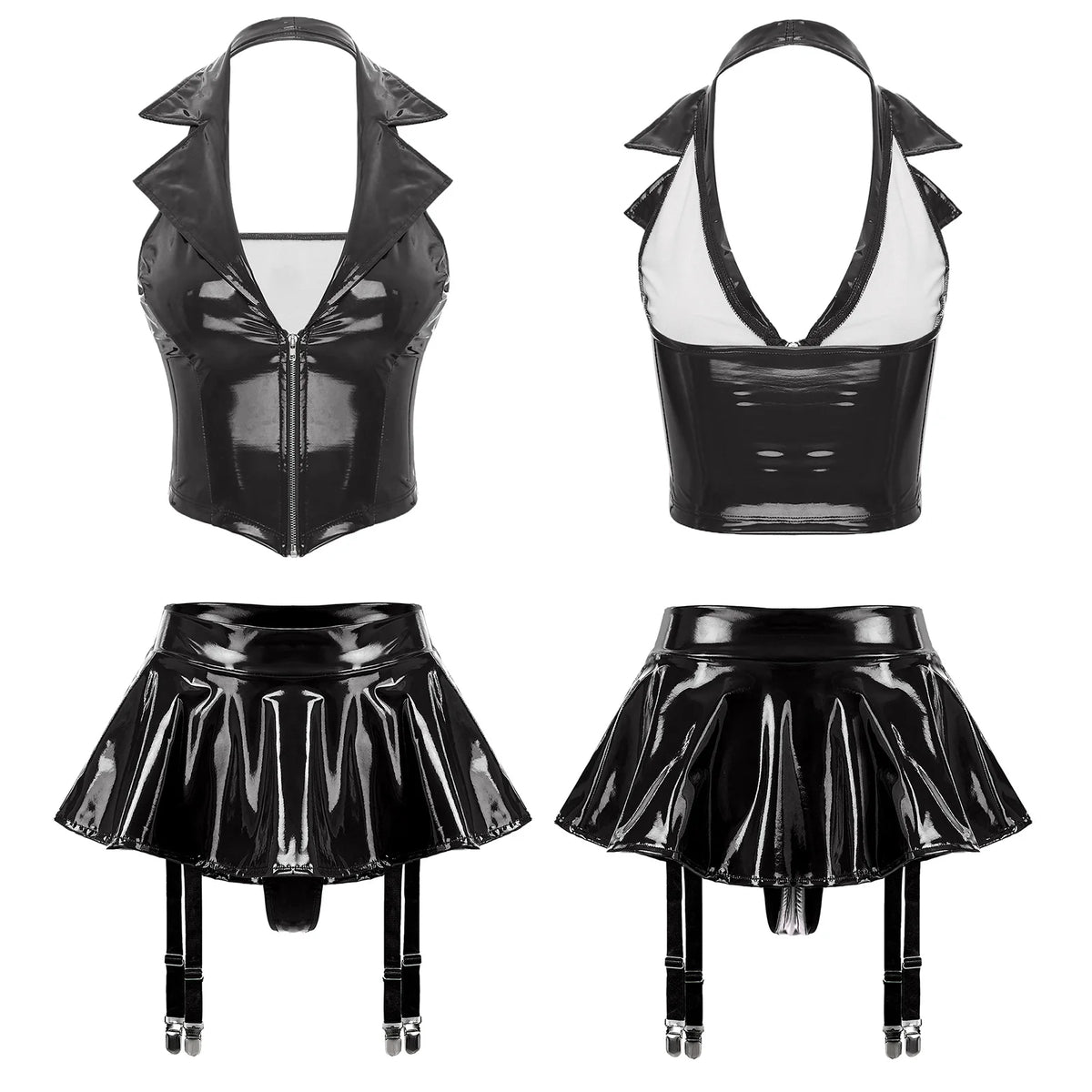 Women's Patent Leather Ruffle Crop Top And Miniskirt Set with Cutout Built-in Thongs And Garter Belt Disco Party Lingerie Outfit