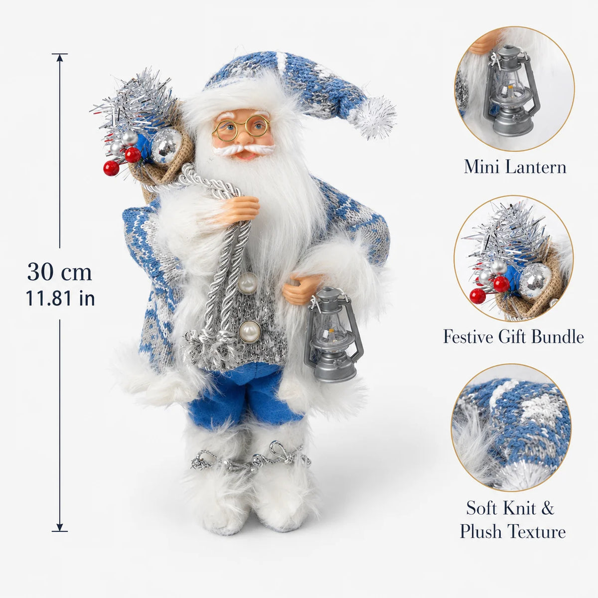 Christmas Santa Claus Figurine 30cm, Nordic Blue Santa Statue with Mini Lantern Gift Bundle and Soft Knit Plush Texture