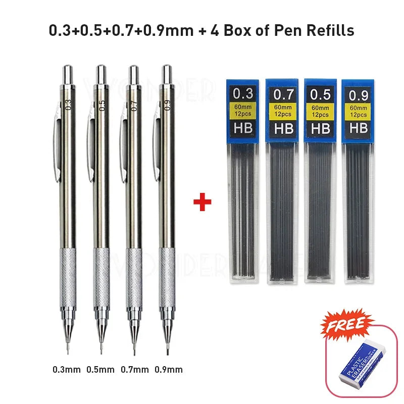 0.3 0.5 0.7 0.9 1.3 2.0 3.0mm Full Metal Mechanical Pencil Sketch Art Drawing Painting Propelling Pencil Office School Supply