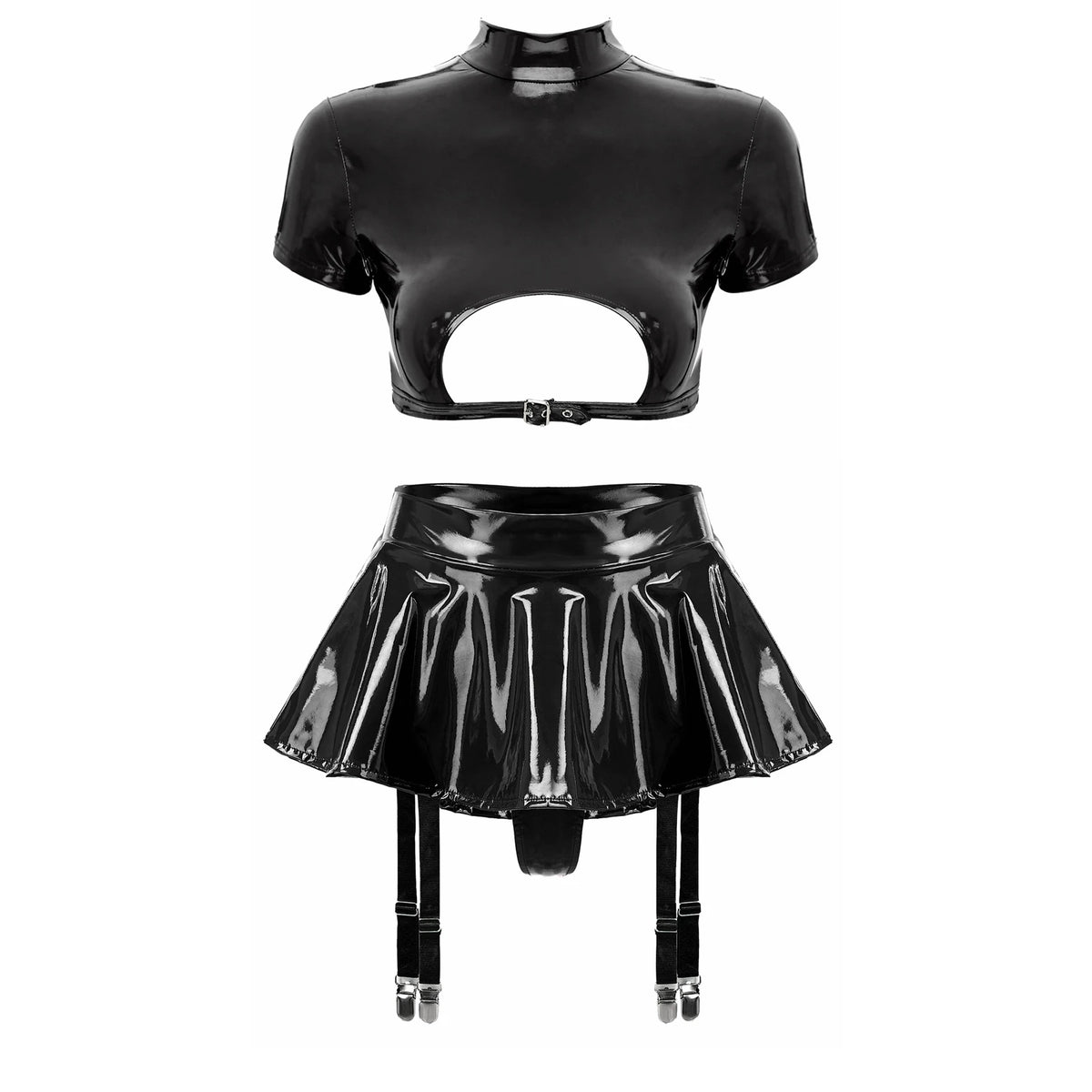 Women's Patent Leather Ruffle Crop Top And Miniskirt Set with Cutout Built-in Thongs And Garter Belt Disco Party Lingerie Outfit