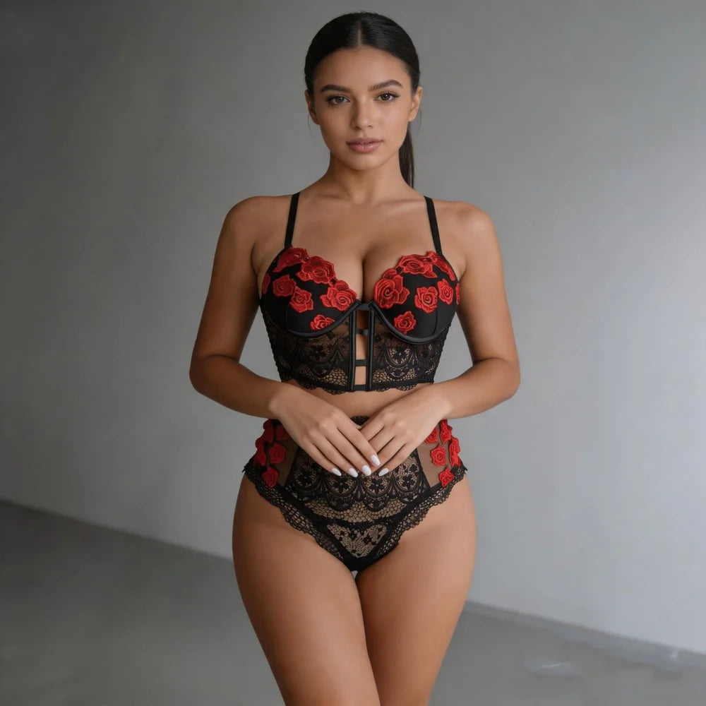 Rose Embroidered Lace Shapewear Set Longline Bustier High Waist Briefs Cutout Lingerie for Layering Bridal Boudoir Date Night