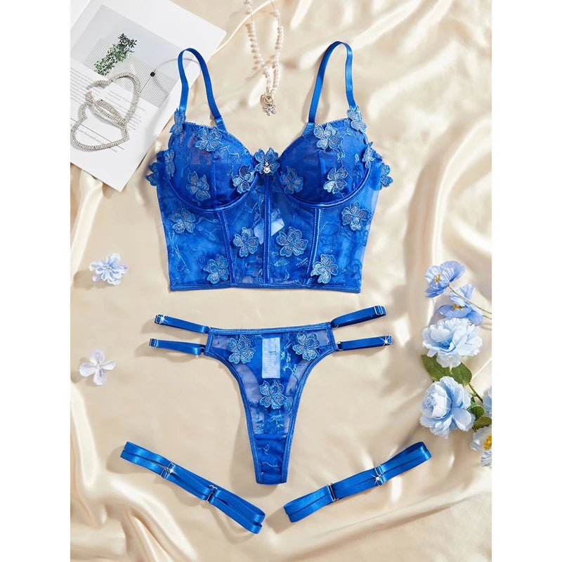 Women's Lingerie Set Lace Floral Naughty Babydoll Push up Bra Thong and Garters 3 Pcs Set