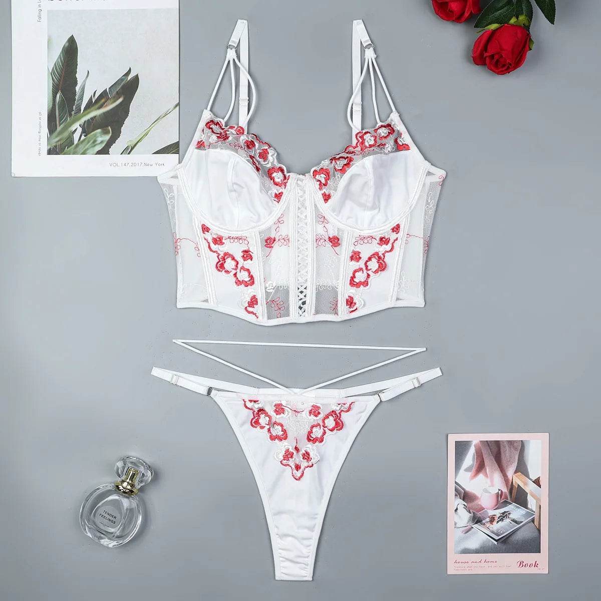 Sexy Flower Embroidery Erotic Set Women Lace See Through Lingerie Bra Thong Set Pornos Suit Underwear Sexy Costumes
