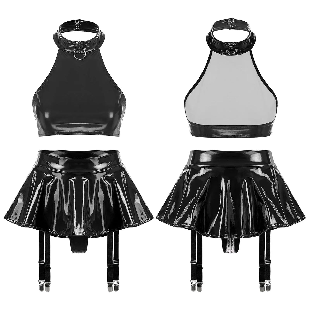 Women's Patent Leather Ruffle Crop Top And Miniskirt Set with Cutout Built-in Thongs And Garter Belt Disco Party Lingerie Outfit
