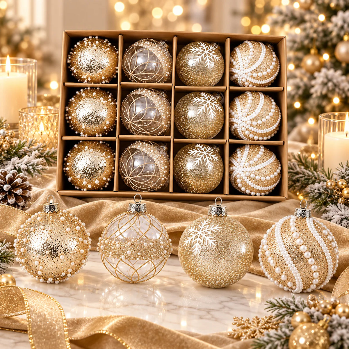 Champagne Gold Christmas Baubles – 12 Pack