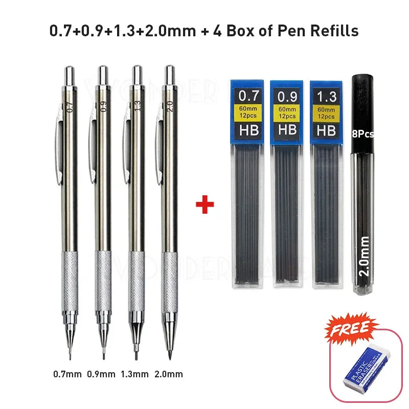 0.3 0.5 0.7 0.9 1.3 2.0 3.0mm Full Metal Mechanical Pencil Sketch Art Drawing Painting Propelling Pencil Office School Supply