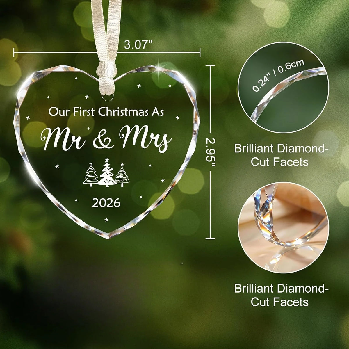 First Christmas Married Ornament 2026 Crystal Glass Mr and Mrs Gift Heart-shaped keepsake for newlyweds bridal showers Christmas