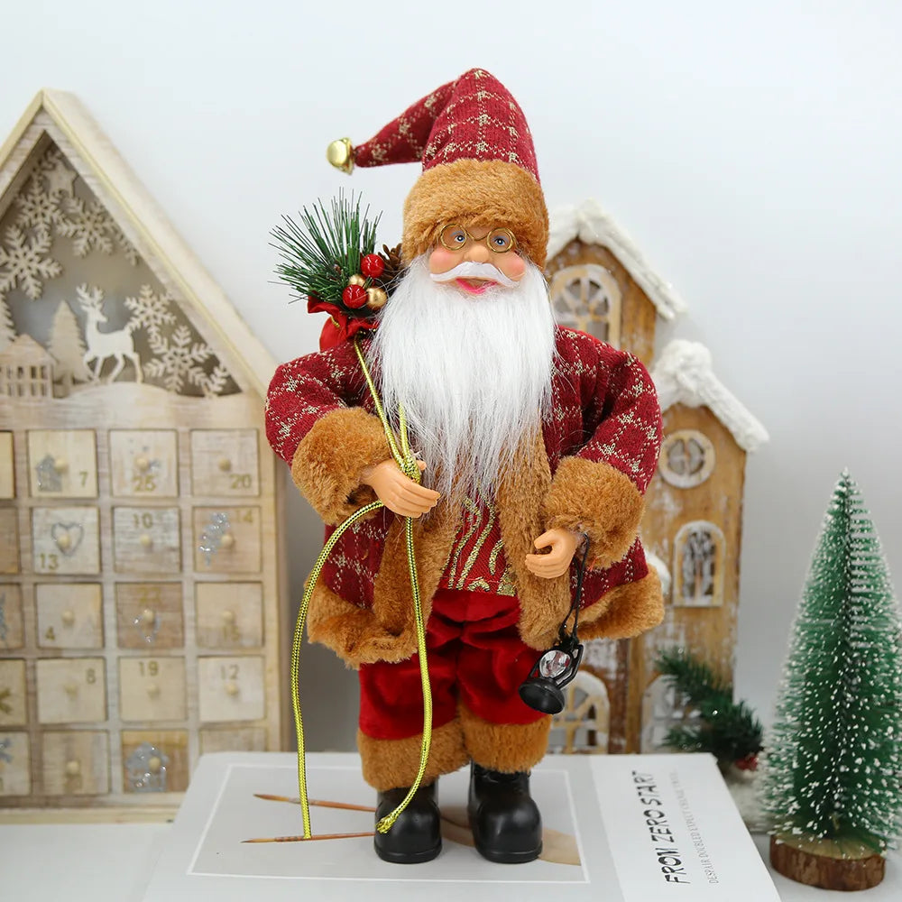 Christmas Santa Figurines, Standing Santa Claus Figure Holding Gift Bag & Lantern, Xmas Santa Doll Desktop Ornaments Gifts