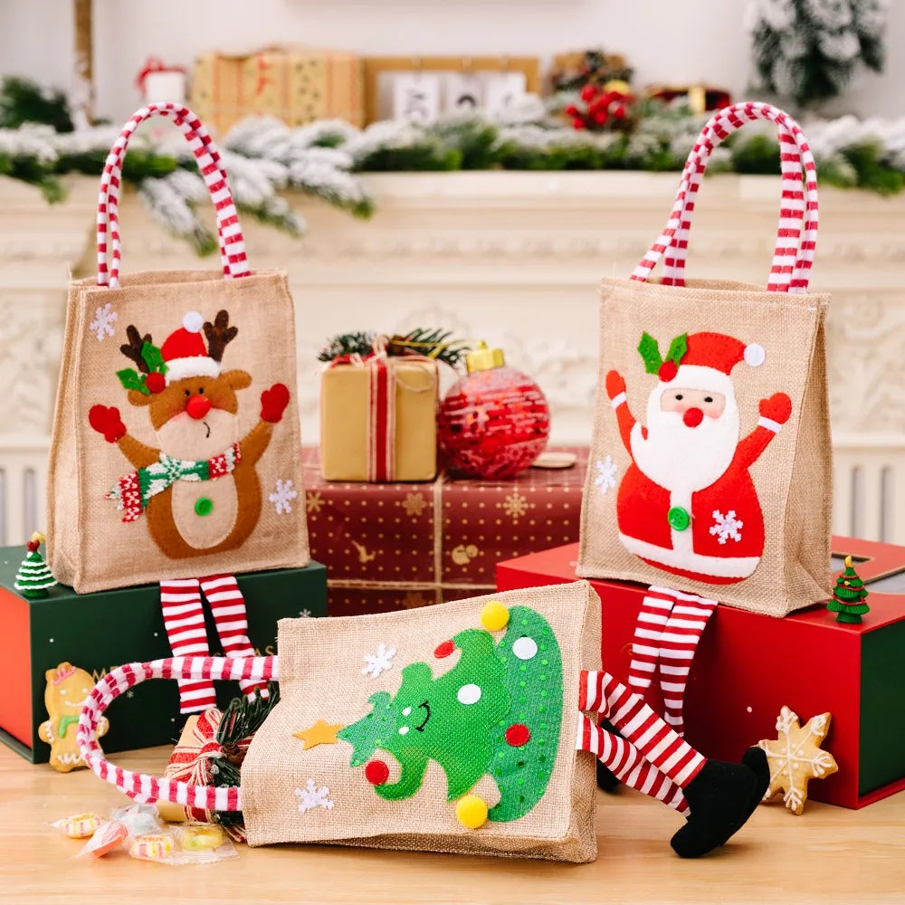 Christmas Gifts Bags Reusable Long Legged Snowman Santa Tote Bag With Handle Xmas Treat Bags for Christmas Party Decorations