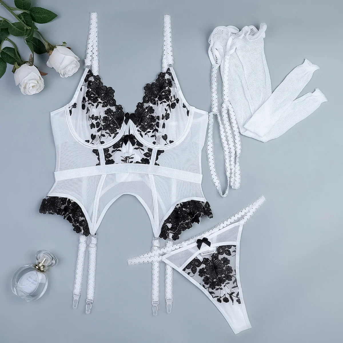 Flower Embroidery Erotic Set Women Lace Lingerie Set See Through Underwear Party Club Floral Sexy Costumes
