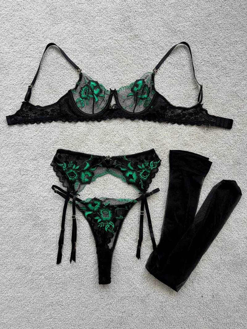 3Pcs Women Elegant Green Floral Embroidered Lace Lingerie Set Underwire Bra Garter Belt T‑back Panty Vintage Intimate Under wear
