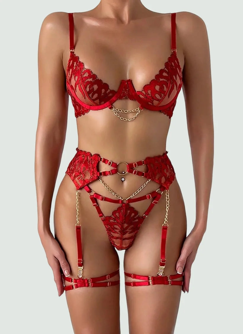 Hot Women's Lingerie Sets Charming Bra Belt Thong 3PC with Leg Circles Fantasy Deep V-neck Elegant Women Intimate Underwear Set