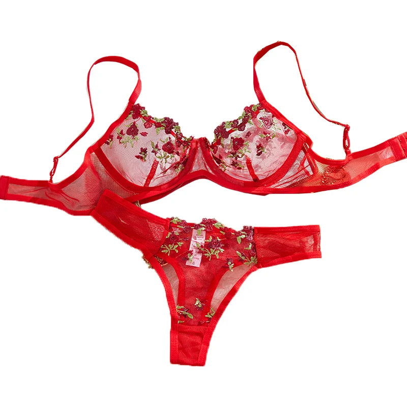 Embroidery Women's Transparent Mesh Underwear Two-piece Bra And Panties Sets