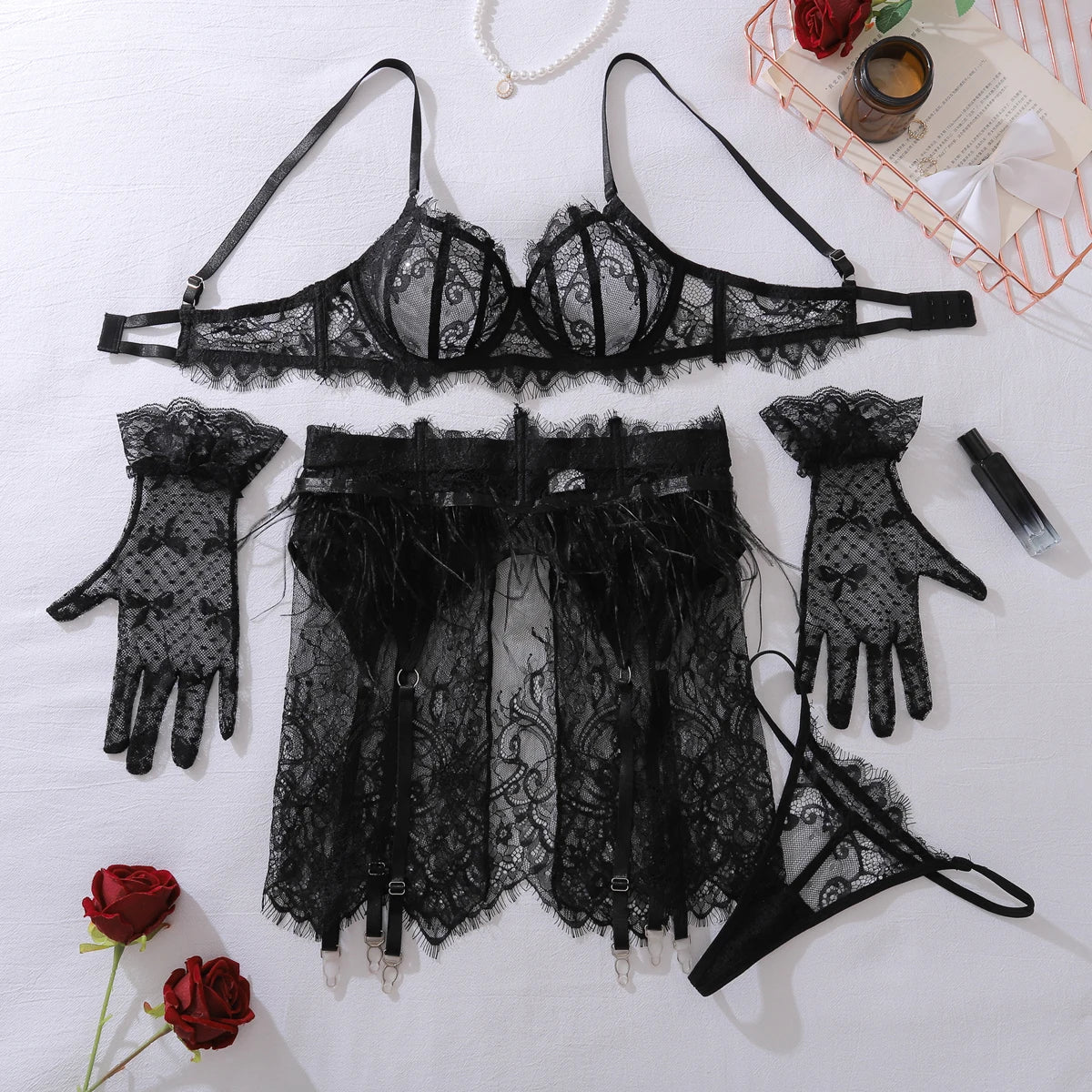 Ellolace Feather-Trim Lace Lingerie Set
