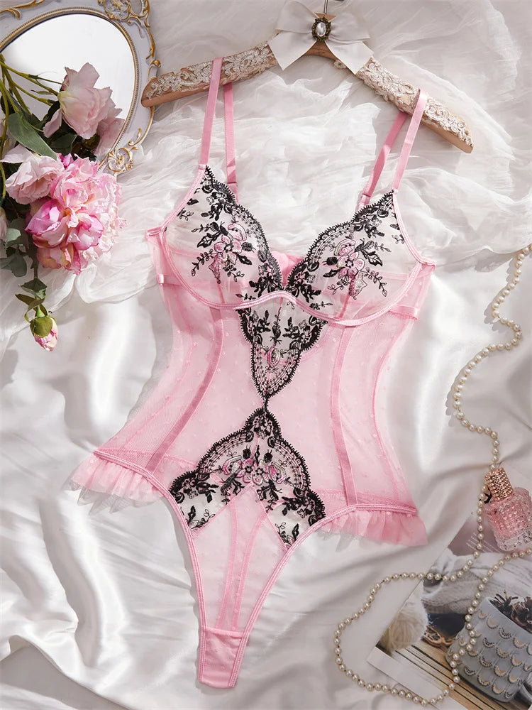 Women's Lingerie Pink Mesh Slimming Bodysuit Delicate Floral Embroidered Jumpsuit Romantic Sleeveless Polka Dot Sexy Bodysuit