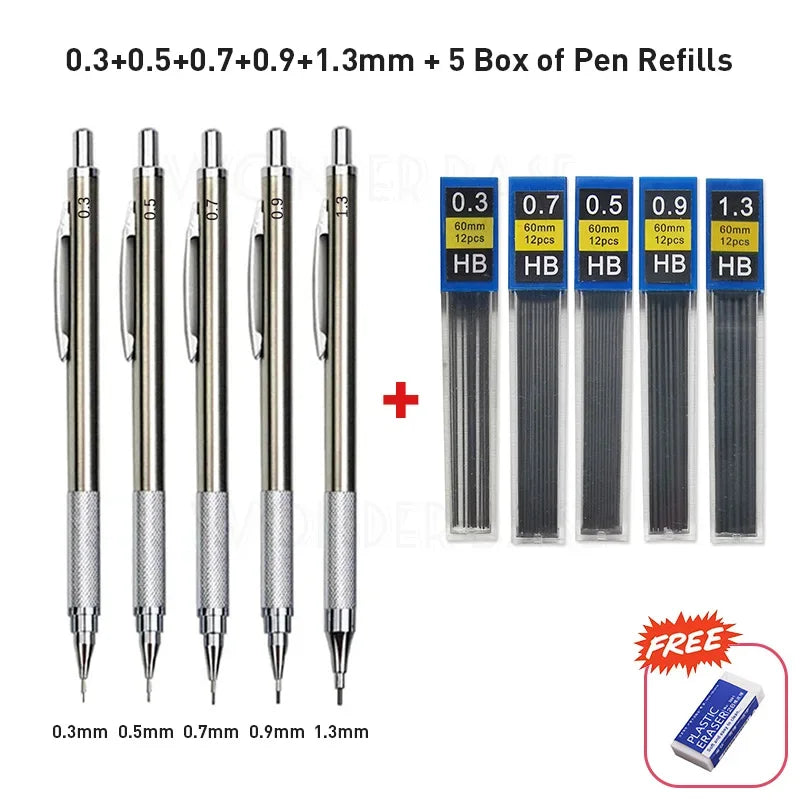 0.3 0.5 0.7 0.9 1.3 2.0 3.0mm Full Metal Mechanical Pencil Sketch Art Drawing Painting Propelling Pencil Office School Supply