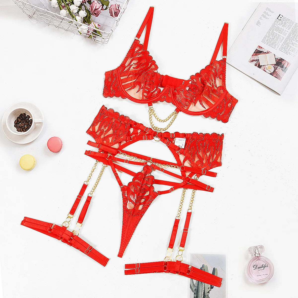 Hot Women's Lingerie Sets Charming Bra Belt Thong 3PC with Leg Circles Fantasy Deep V-neck Elegant Women Intimate Underwear Set