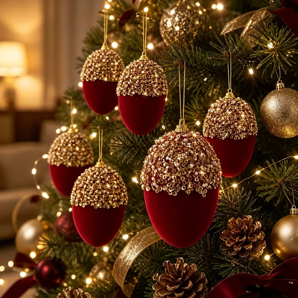 Burgundy Flocked Christmas Baubles – 4 Pack