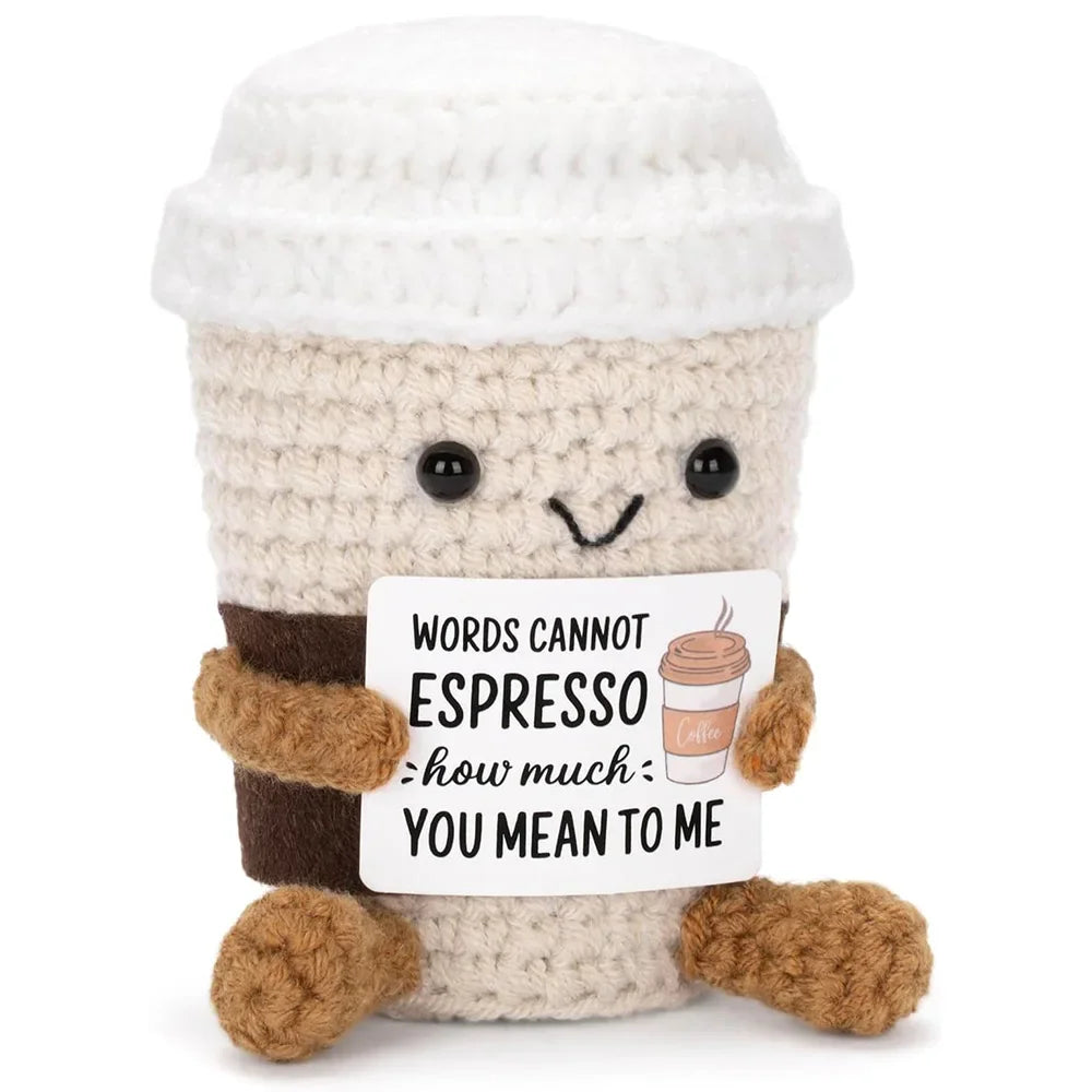 Funny Crochet Emotional Support Coffee Doll With Card Desktop Ornament Handmade Knitted Coffee Dolls Christmas Gifts Home Decor