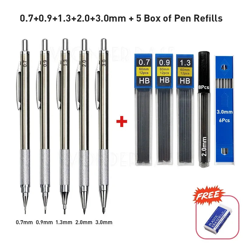0.3 0.5 0.7 0.9 1.3 2.0 3.0mm Full Metal Mechanical Pencil Sketch Art Drawing Painting Propelling Pencil Office School Supply