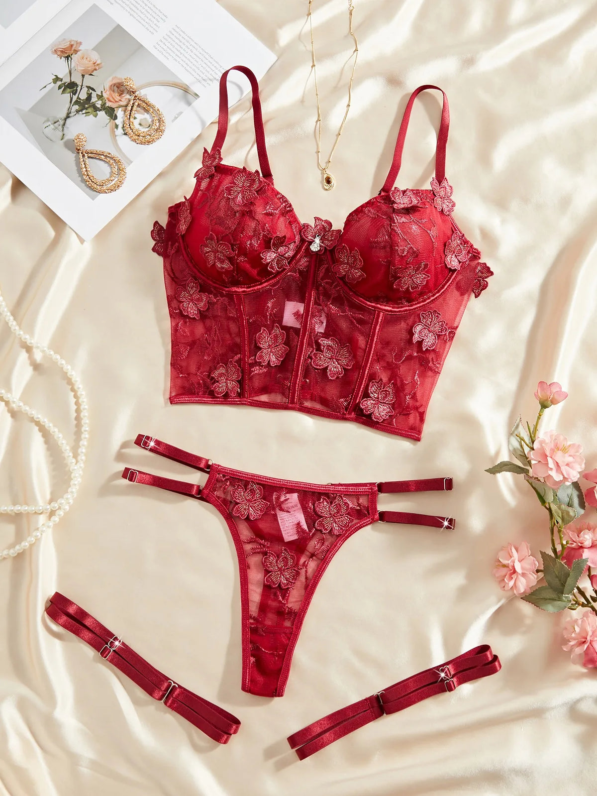 Women's Lingerie Set Lace Floral Naughty Babydoll Push up Bra Thong and Garters 3 Pcs Set